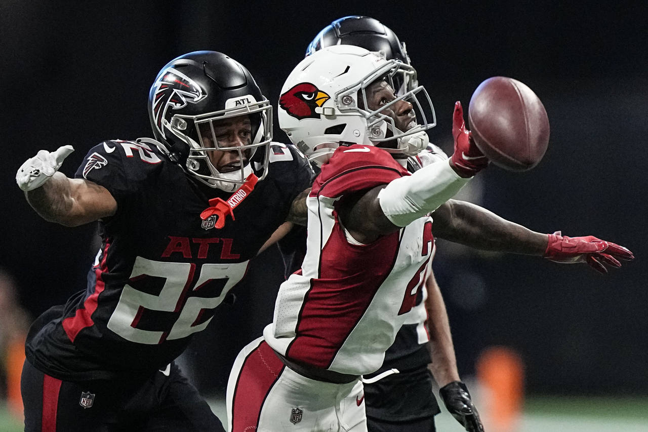 Arizona Cardinals wide receiver Marquise Brown (2) misses the pass against Atlanta Falcons cornerba...