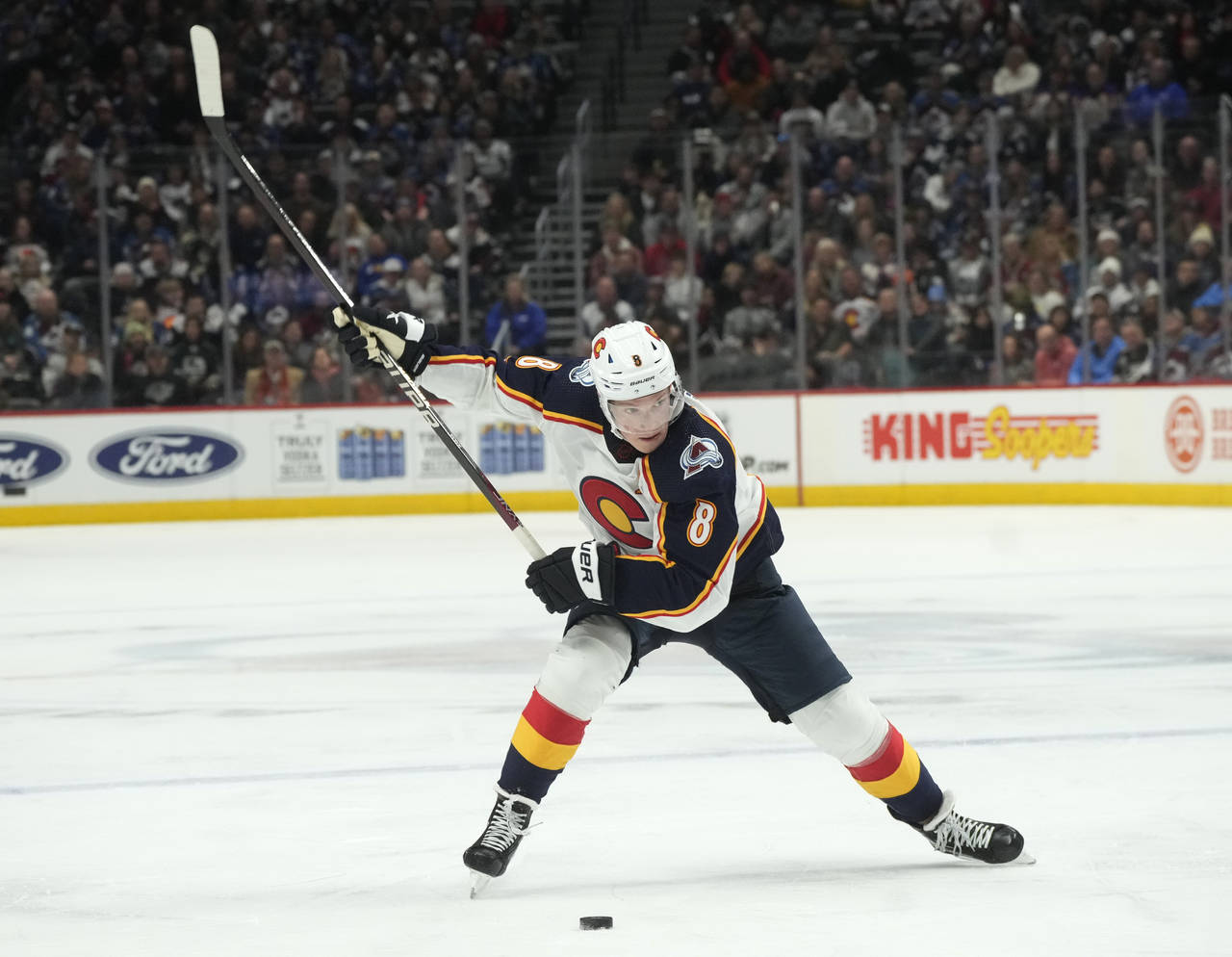 Colorado Avalanche defenseman Cale Makar winds up for a shot during the third period of the team's ...