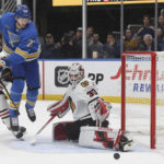 Stauber wins debut in goal, helps Blackhawks beat Blues 5-3