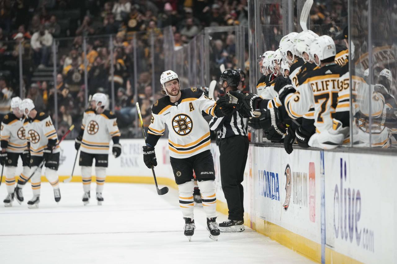 Boston Bruins' David Pastrnak (88) celebrates his goal with teammates during the first period of an...