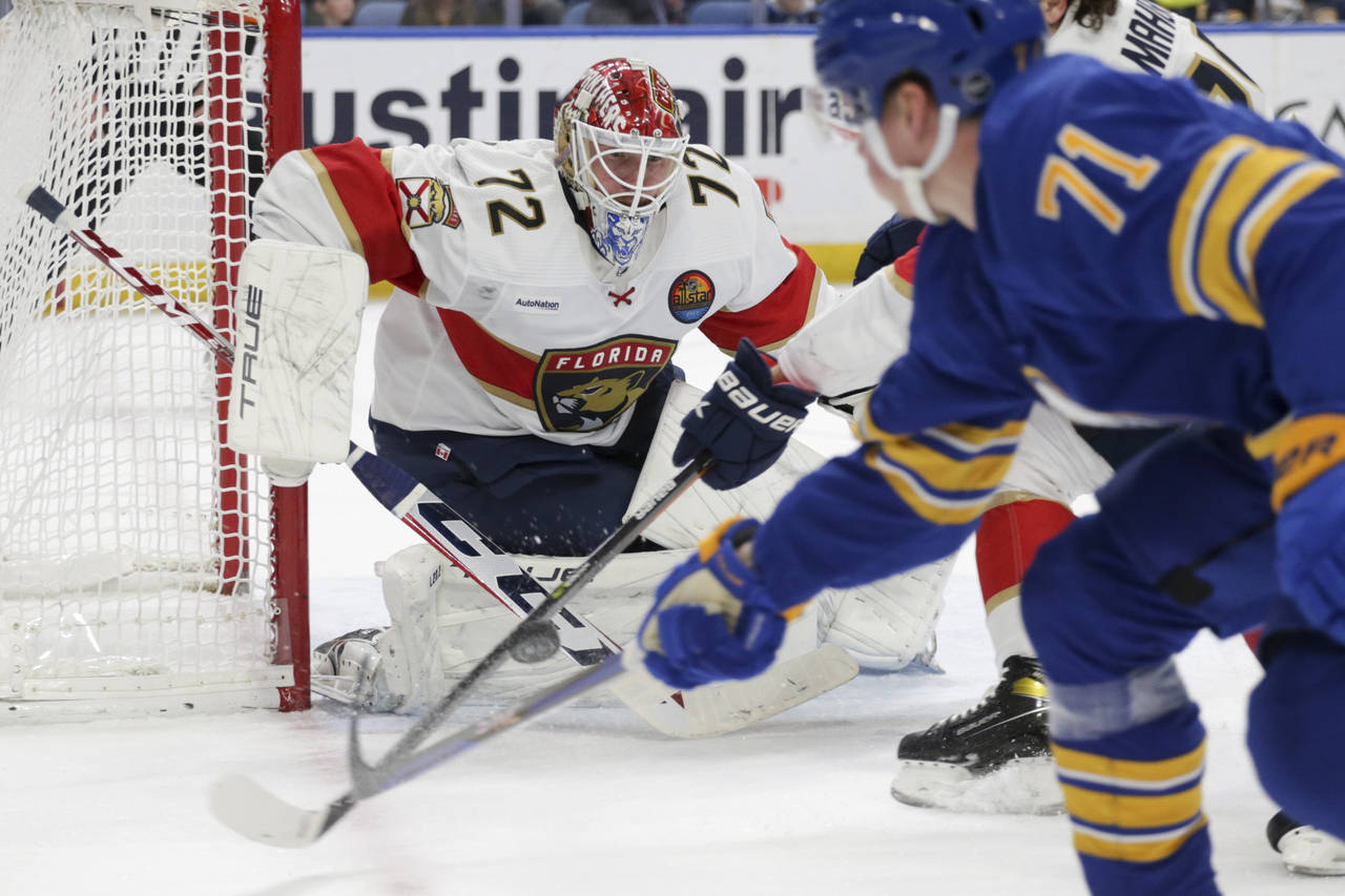 Florida Panthers goaltender Sergei Bobrovsky (72) defends the net during the first period of an NHL...