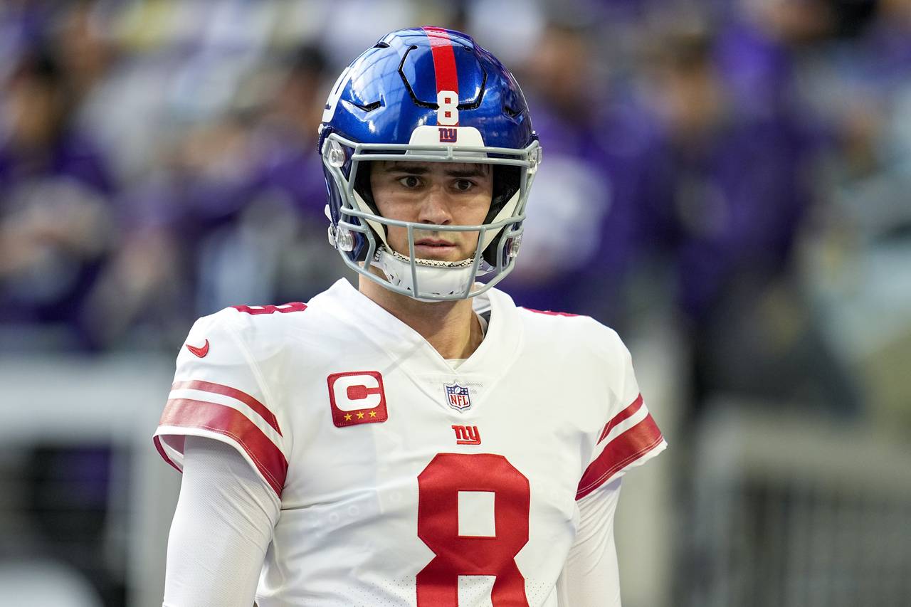New York Giants' Daniel Jones is seen before an NFL wild card football game against the Minnesota V...
