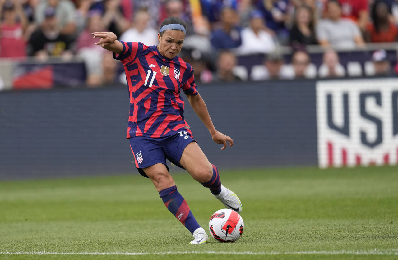 FILE - U.S. forward Sophia Smith (11) plays against Colombia during the first half of an internatio...