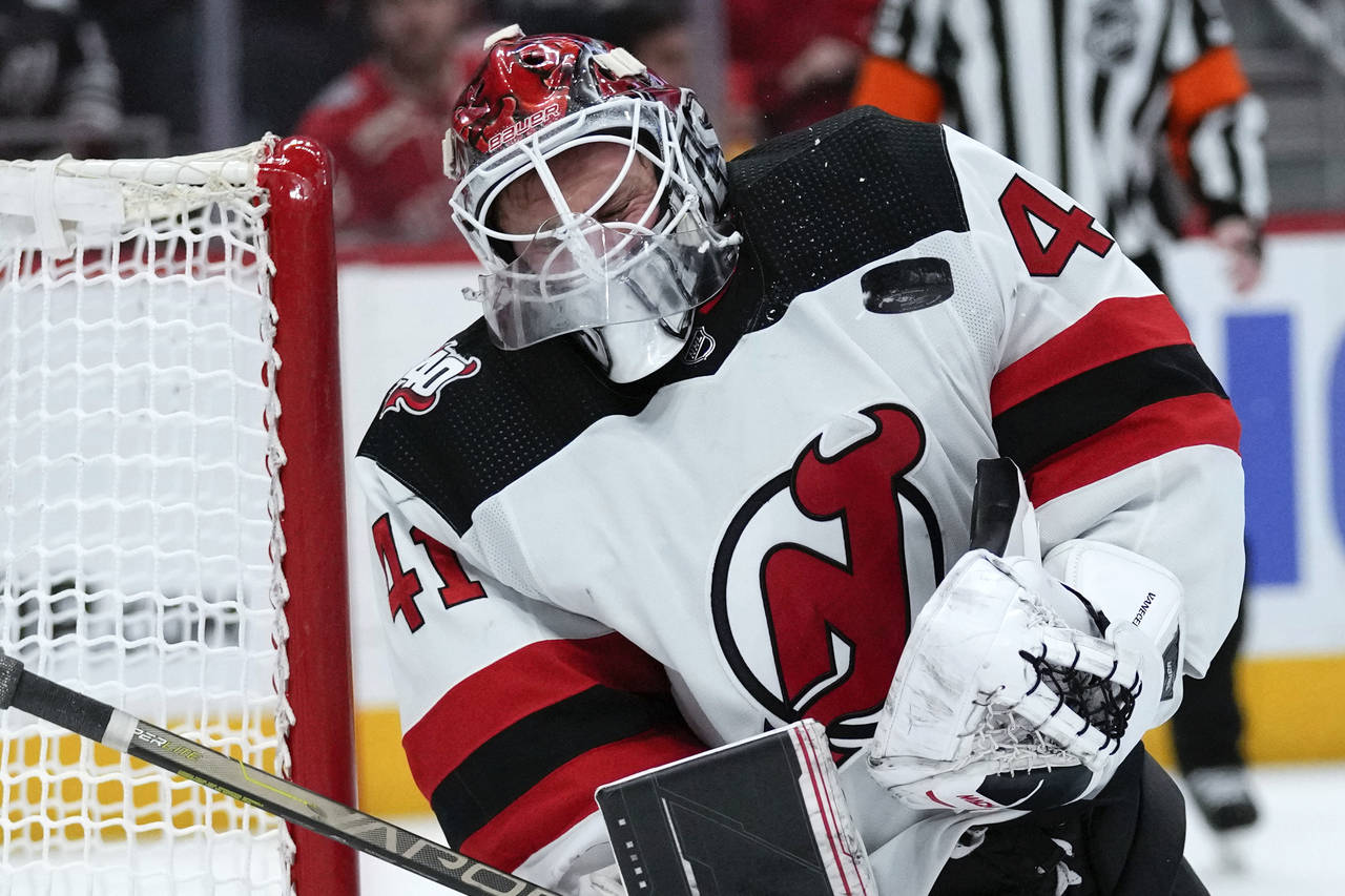 New Jersey Devils goaltender Vitek Vanecek (41) stops a Detroit Red Wings shot in the second period...