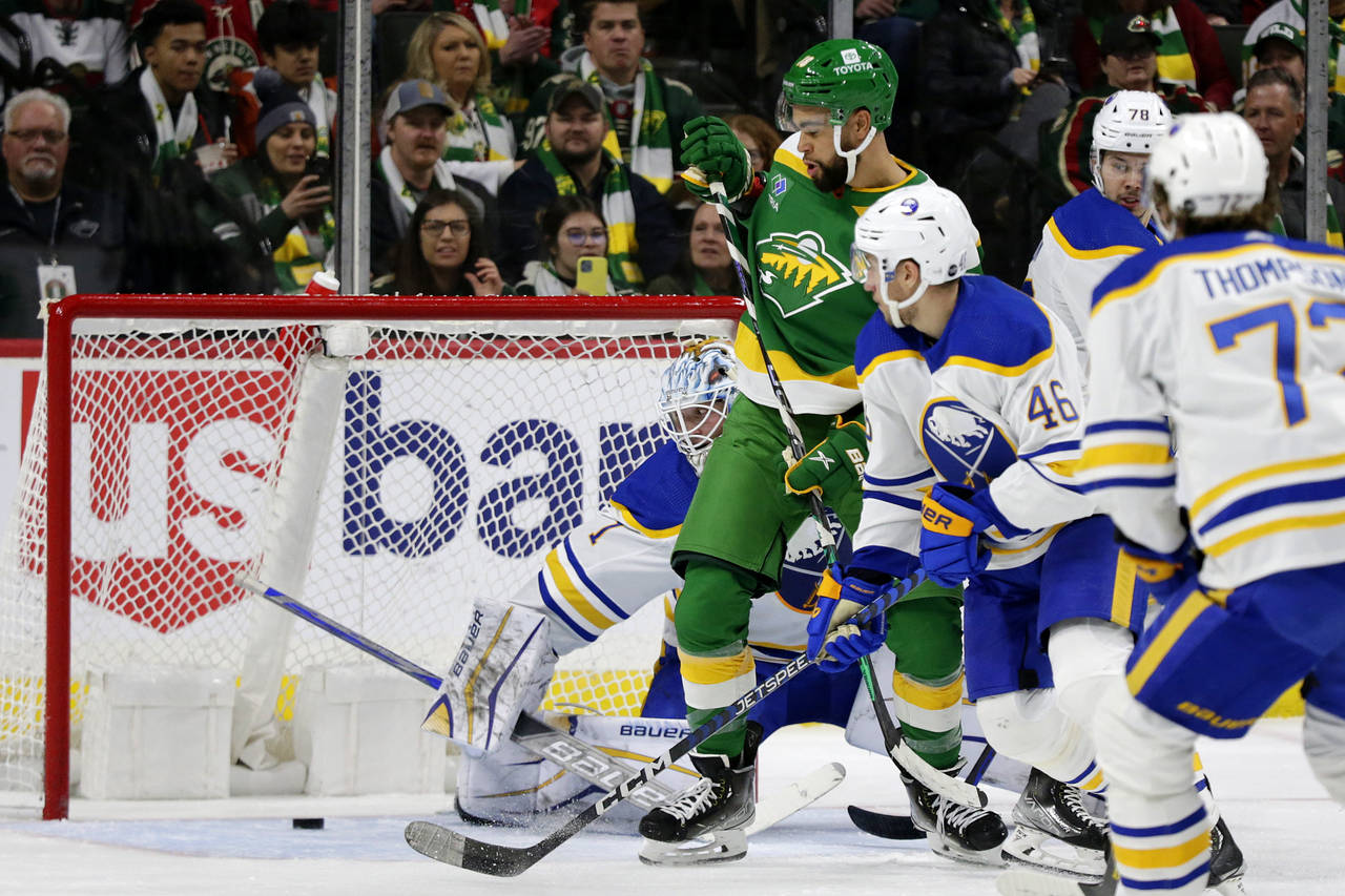 Buffalo Sabres goaltender Ukko-Pekka Luukkonen (1) watches as the puck gets past him on a goal as M...