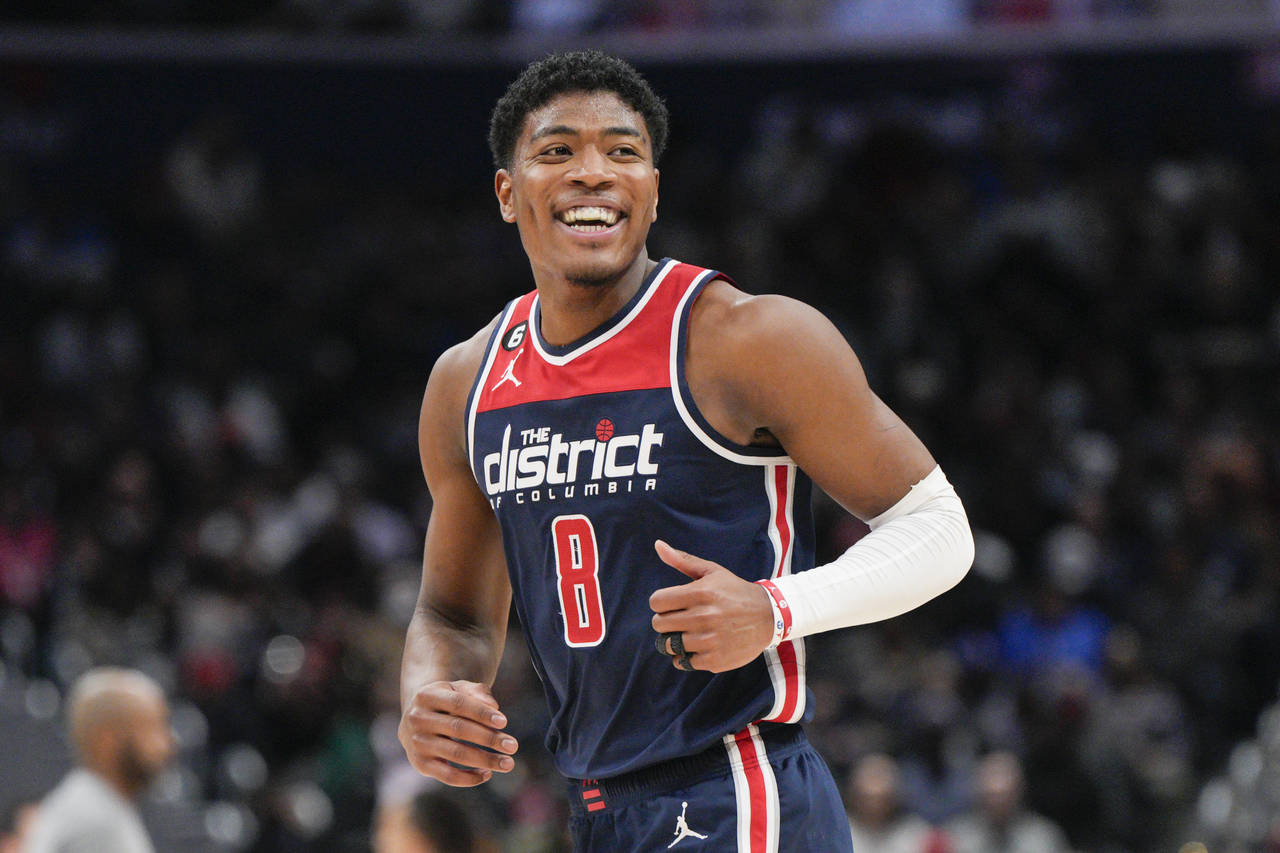 Washington Wizards forward Rui Hachimura (8) smiles after scoring against the Orlando Magic during ...