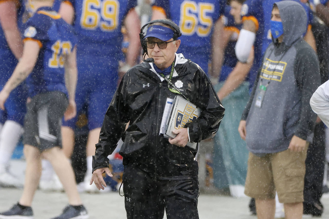 FILE - South Dakota State head coach John Stiegelmeier watches his team play against Sam Houston St...