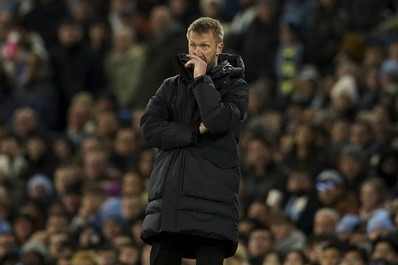 Chelsea's head coach Graham Potter reacts during the English FA Cup soccer match between Manchester...