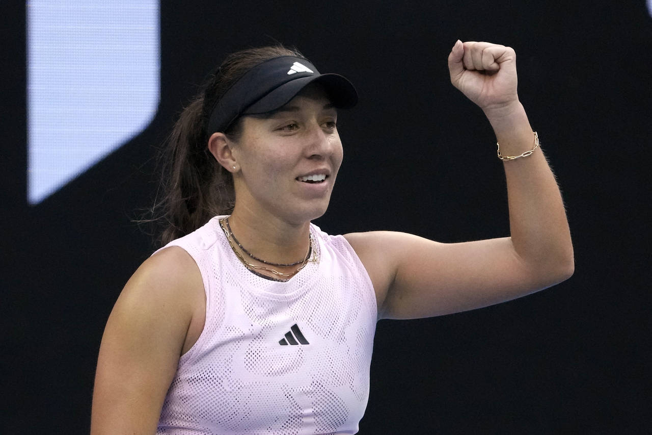 Jessica Pegula of the U.S. celebrates after defeating Barbora Krejcikova of the Czech Republic duri...