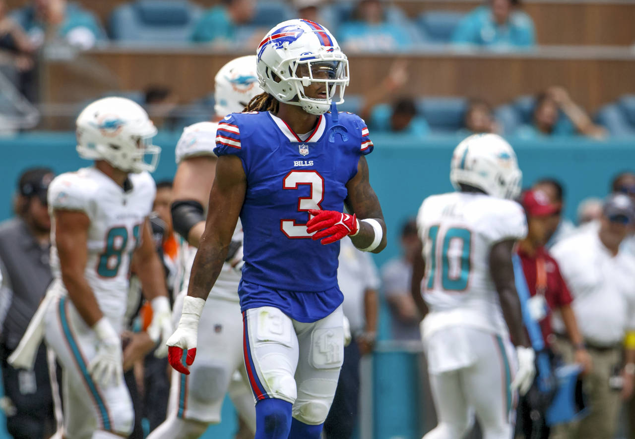 Buffalo Bills safety Damar Hamlin (3) looks on during the first quarter of an NFL football game aga...