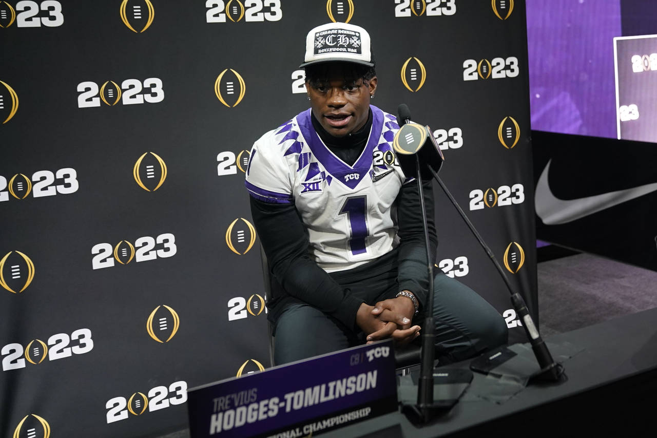 TCU cornerback Tre'Vius Hodges-Tomlinson speaks during a media day ahead of the national championsh...