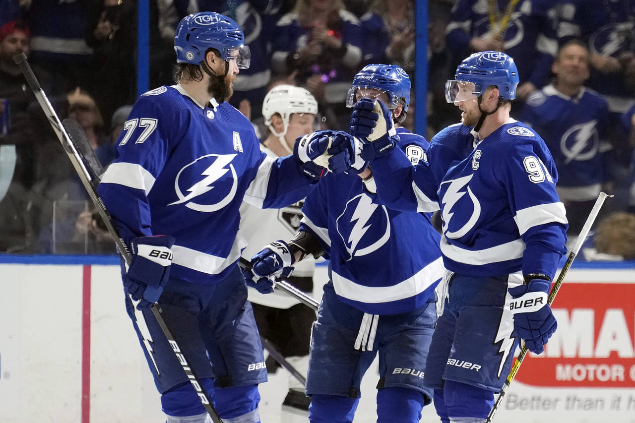 Tampa Bay Lightning defenseman Victor Hedman (77) celebrates his goal against the Los Angeles Kings...