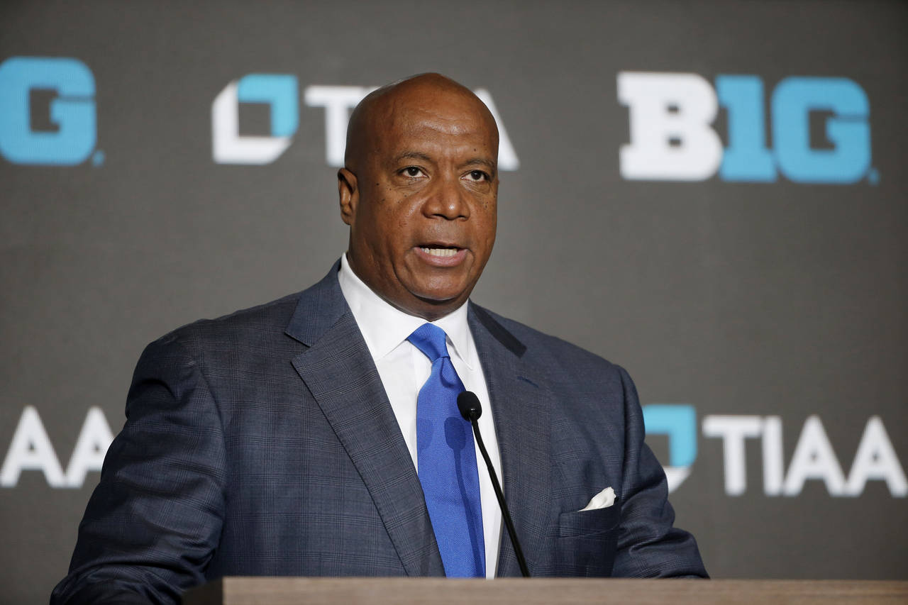 FILE - Big Ten Commissioner Kevin Warren speaks during Big Ten NCAA college basketball Media Days o...
