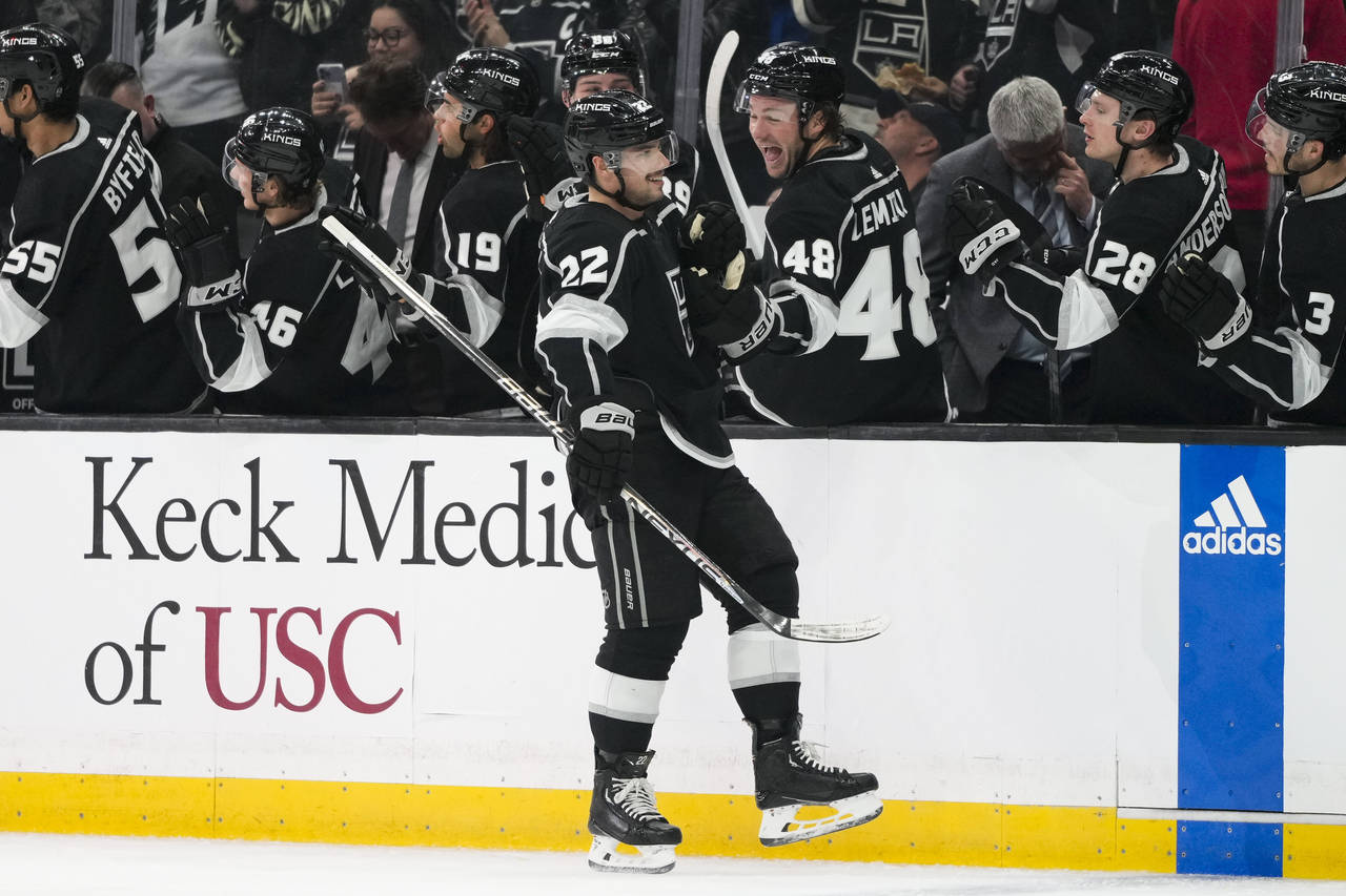 Los Angeles Kings' Kevin Fiala (22) celebrates his goal during the first period of an NHL hockey ga...