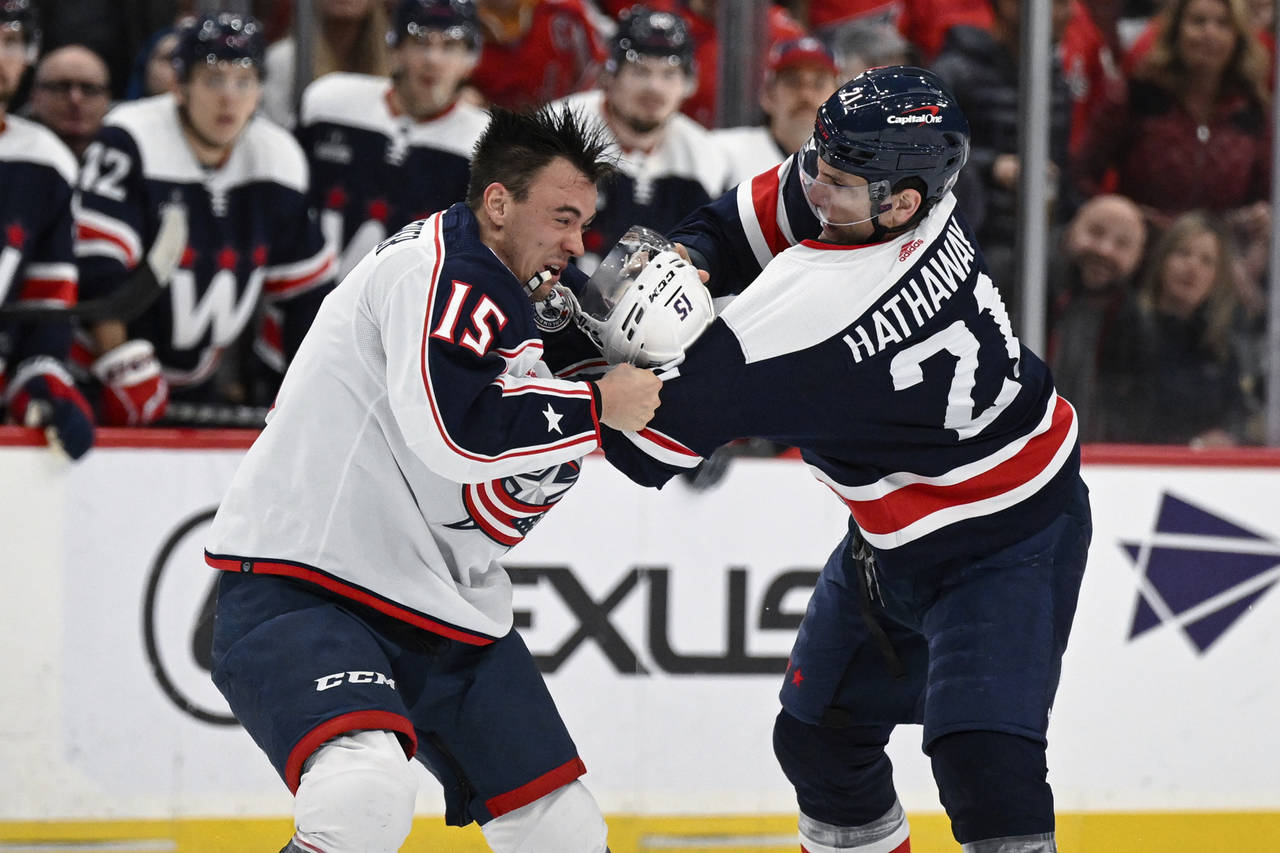 Columbus Blue Jackets defenseman Gavin Bayreuther (15) and Washington Capitals right wing Garnet Ha...