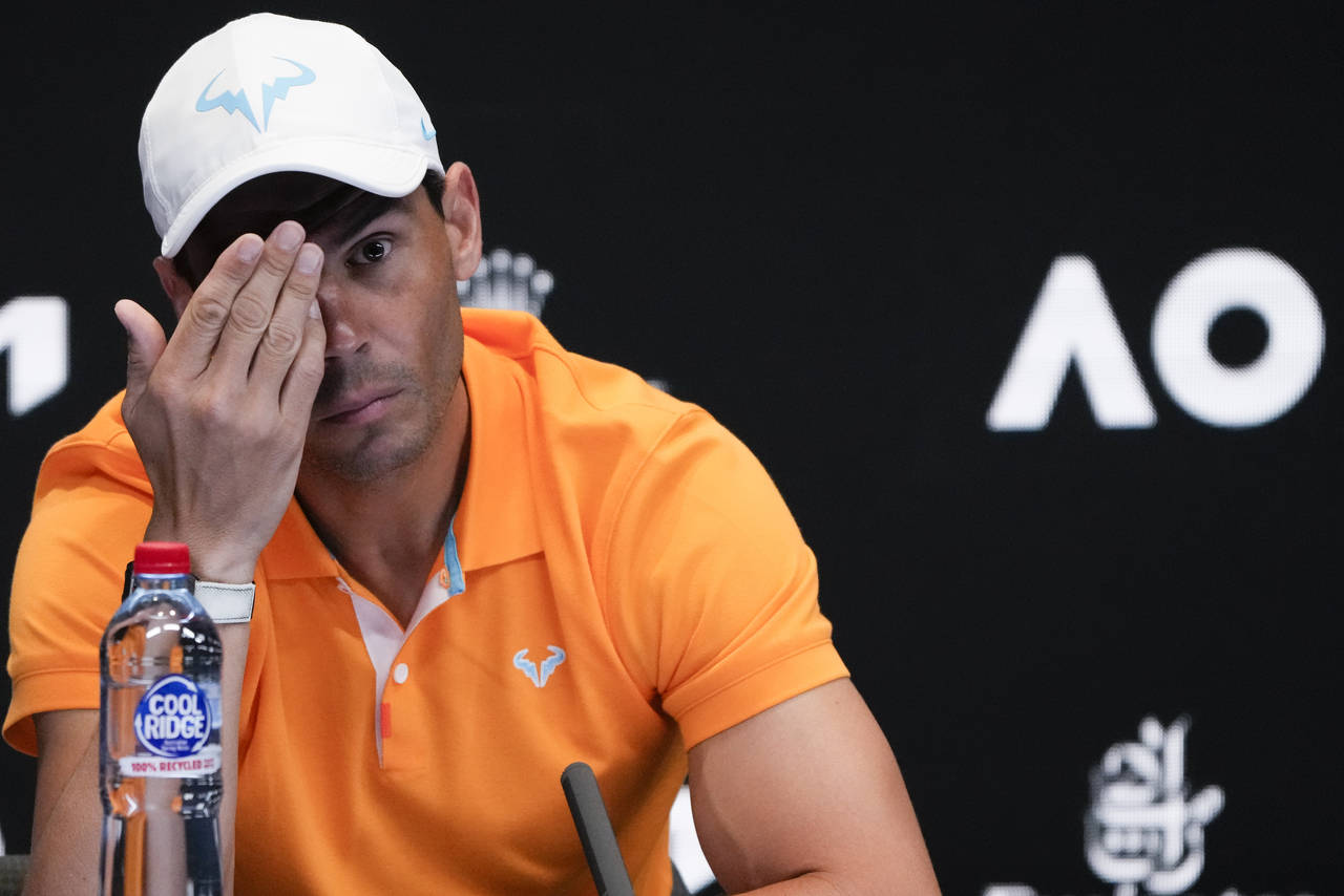 Spain's Rafael Nadal gestures during a press conference ahead of the Australian Open tennis champio...