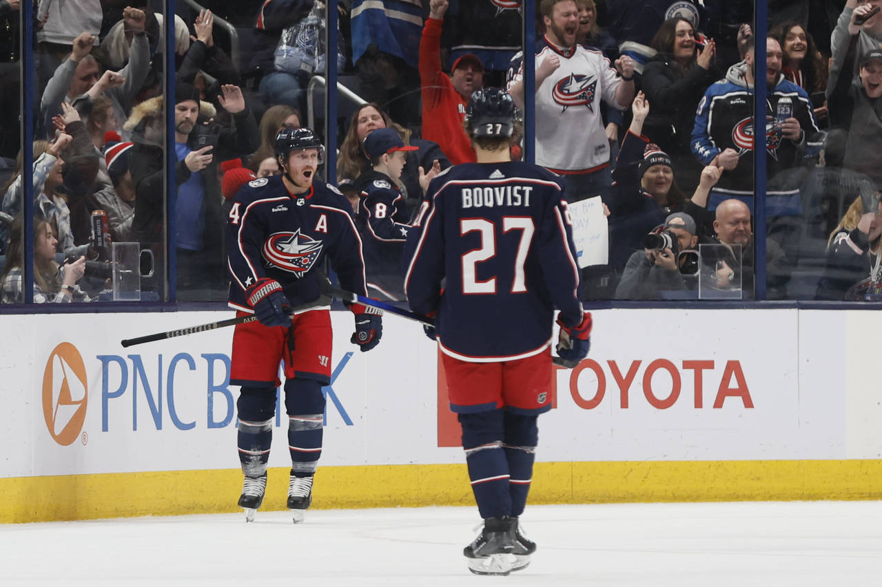 Columbus Blue Jackets' Gustav Nyquist celebrates his goal against the San Jose Sharks during the th...