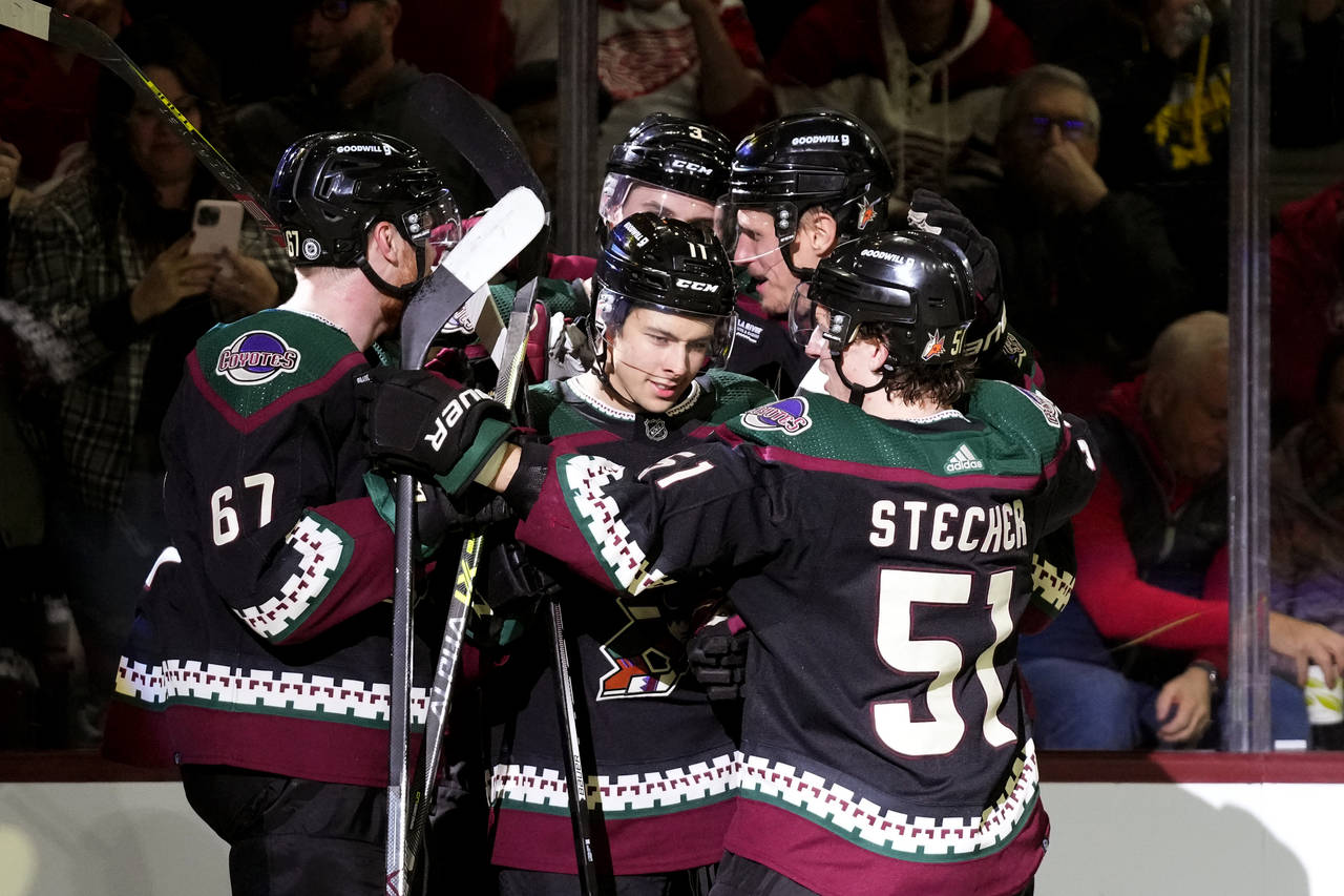 Arizona Coyotes right wing Dylan Guenther (11) celebrates his goal against the Detroit Red Wings wi...