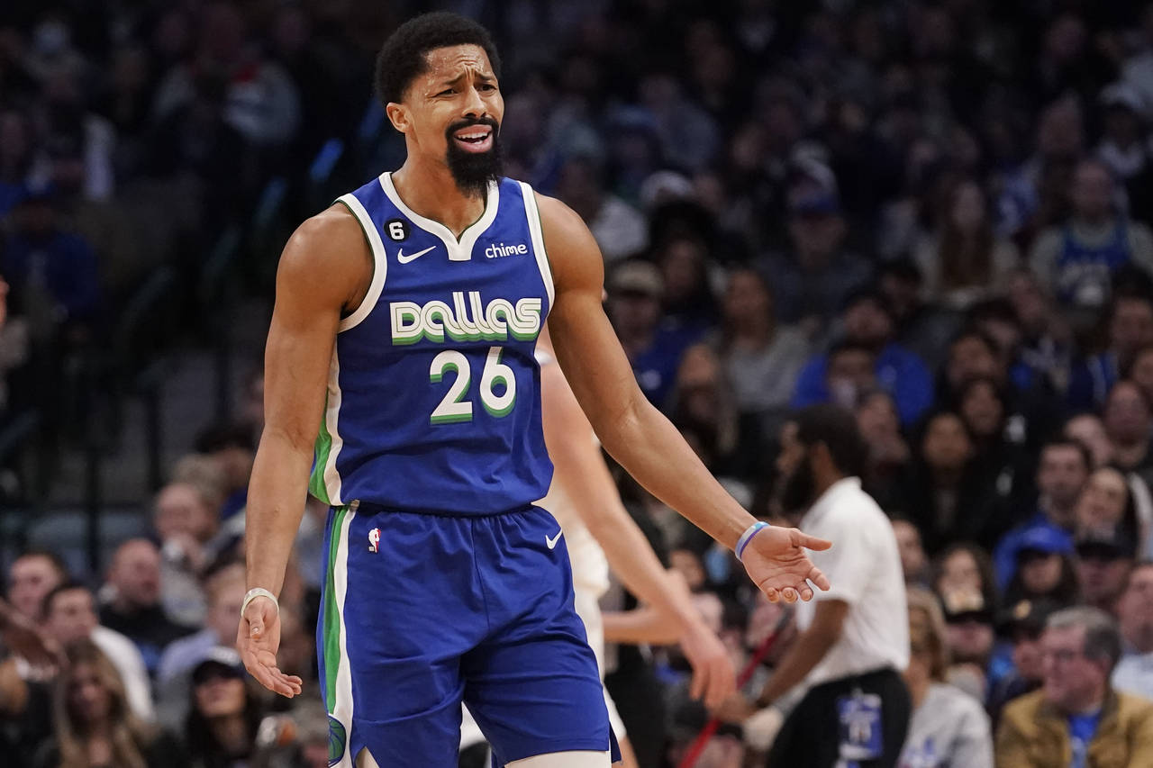Dallas Mavericks guard Spencer Dinwiddie (26) reacts to a call during the fourth quarter of an NBA ...
