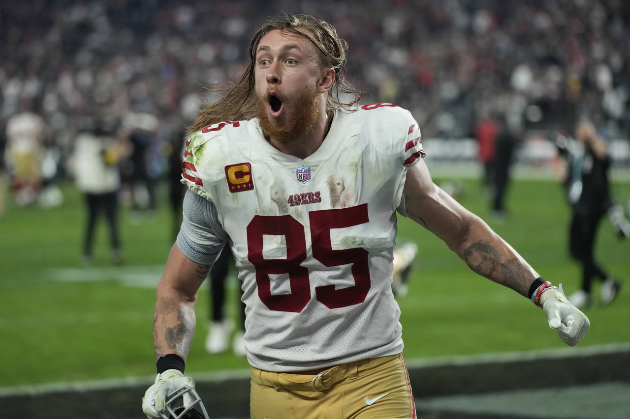San Francisco 49ers tight end George Kittle (85) celebrates after their victory over the Las Vegas ...
