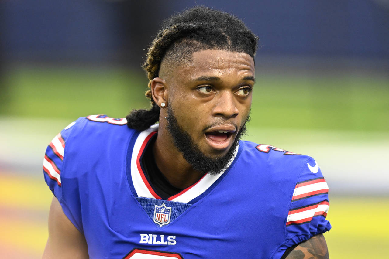 FILE - Buffalo Bills Damar Hamlin with his helmet off before playing the Los Angeles Rams during an...