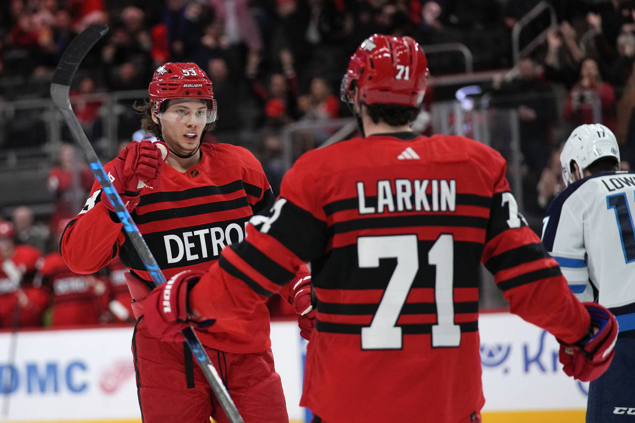Detroit Red Wings center Dylan Larkin (71) celebrates his goal with Moritz Seider (53) in the secon...