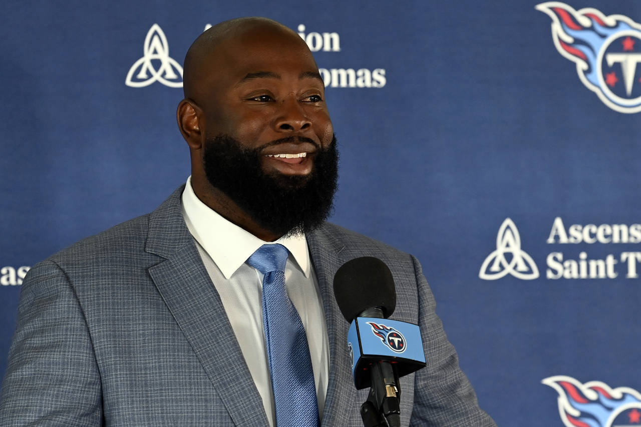 New Tennessee Titans NFL football team general manager Ran Carthon speaks during a news conference ...