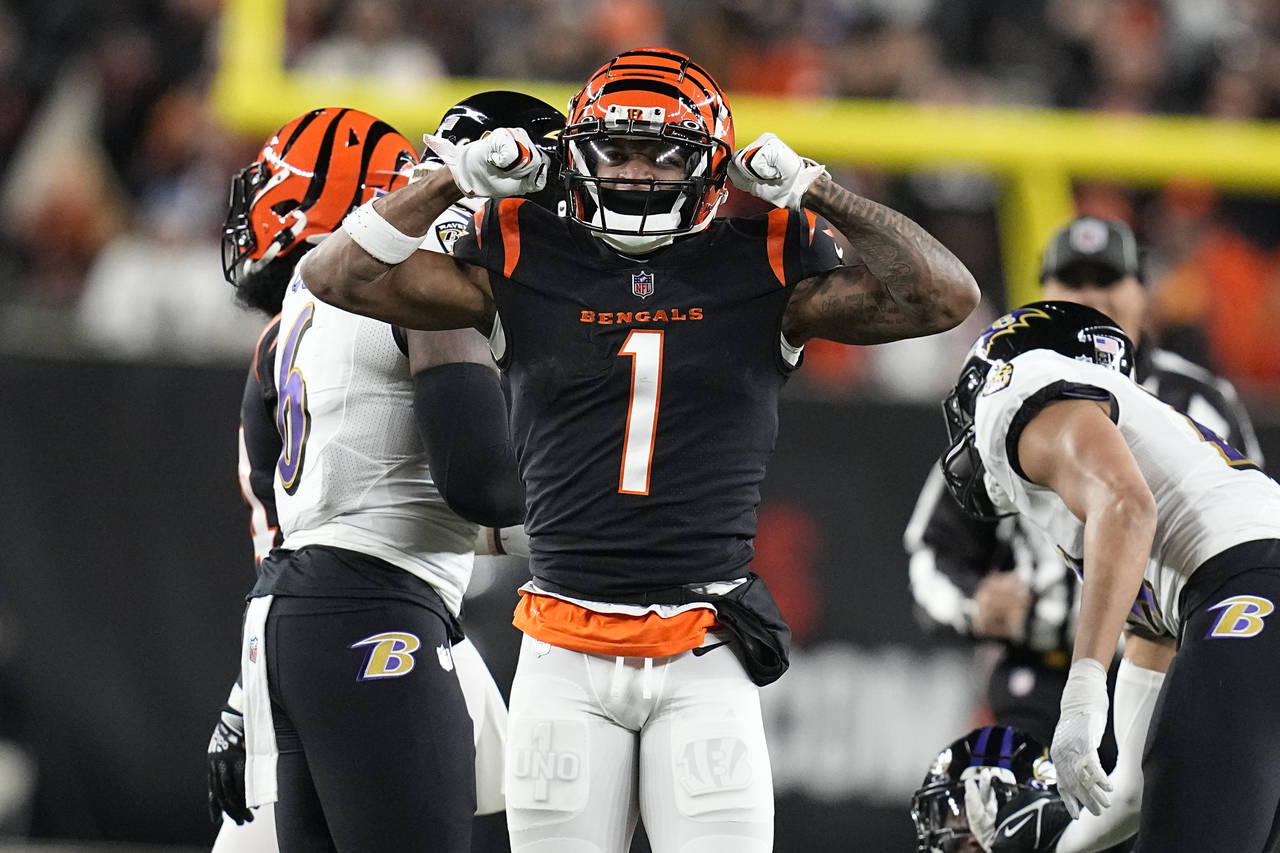 Cincinnati Bengals wide receiver Ja'Marr Chase celebrates a first down in the first half of an NFL ...