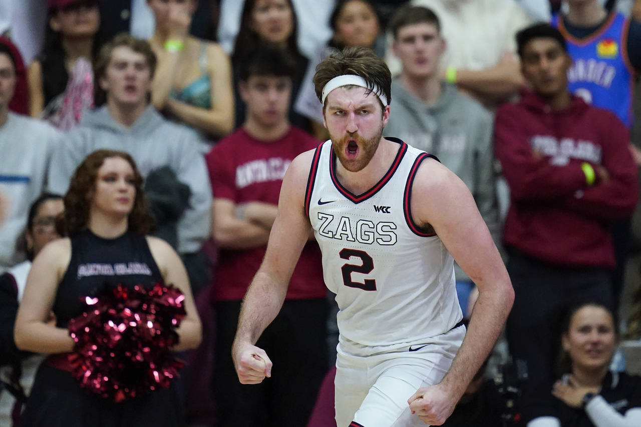 Gonzaga forward Drew Timme reacts during the second half of the team's NCAA college basketball game...