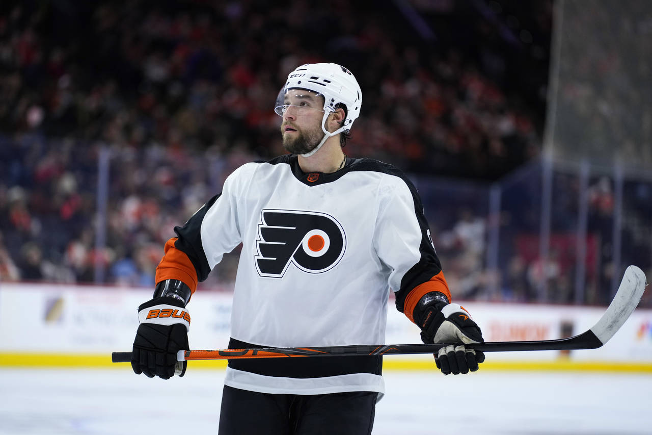 Philadelphia Flyers' Ivan Provorov skates during the first period of an NHL hockey game against the...