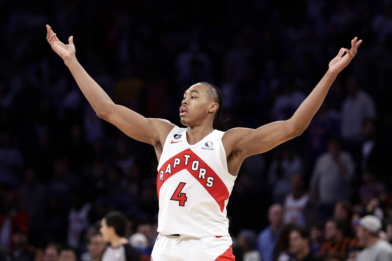 Toronto Raptors forward Scottie Barnes reacts after making a basket against the New York Knicks dur...