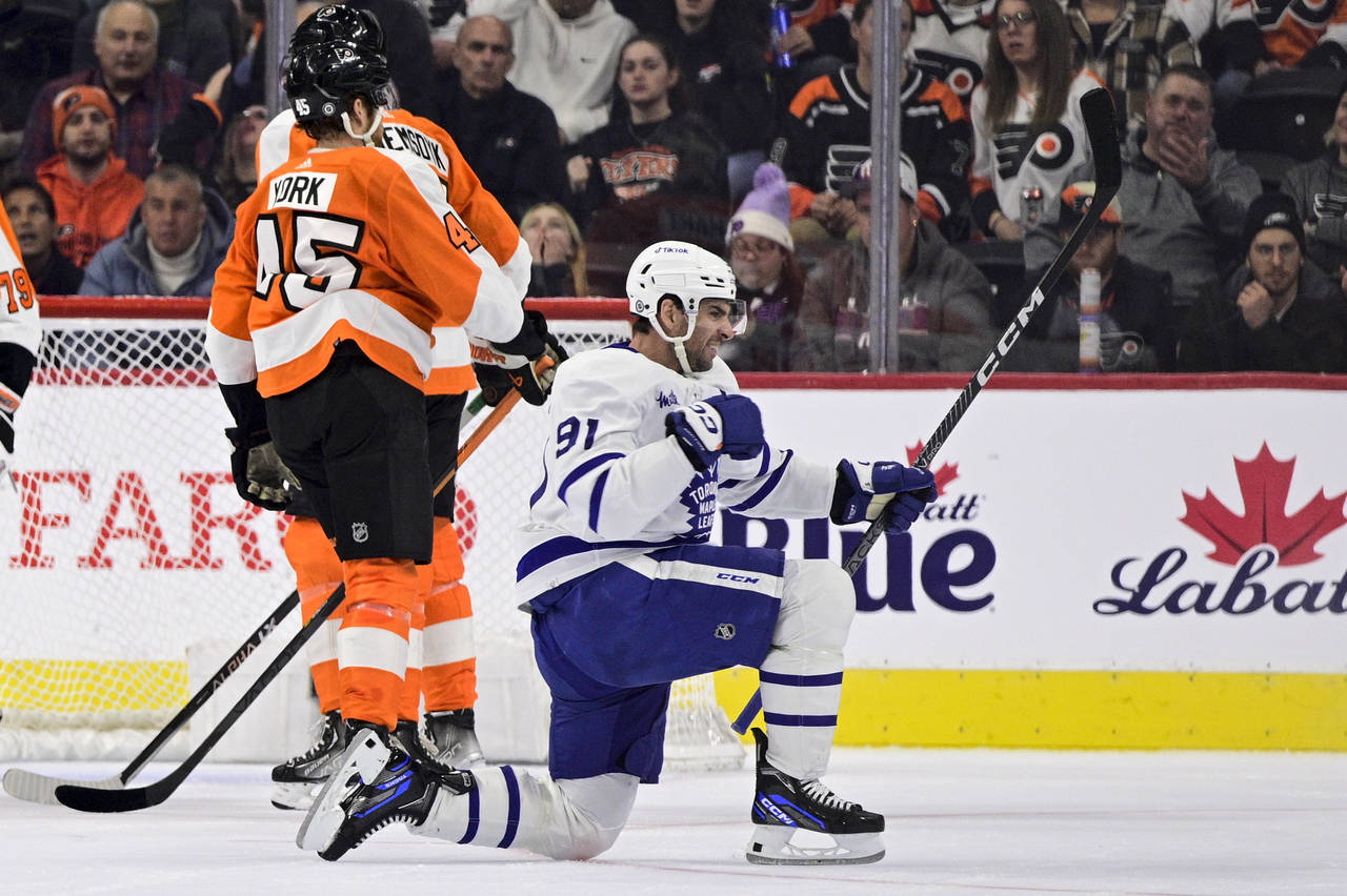 Toronto Maple Leafs' John Tavares celebrates after scoring a goal during the second period of an NH...