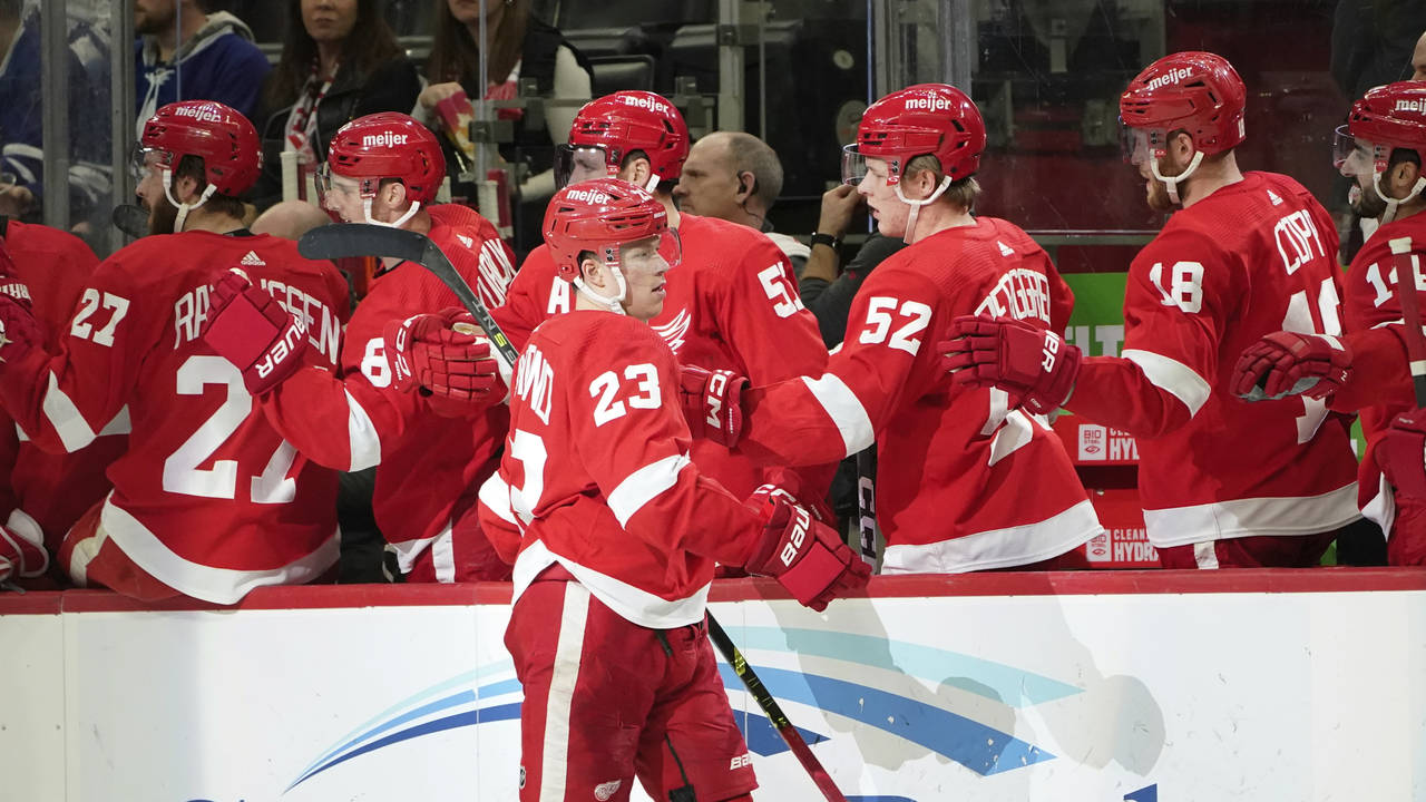 Detroit Red Wings left wing Lucas Raymond (23) celebrates his goal against the Toronto Maple Leafs ...