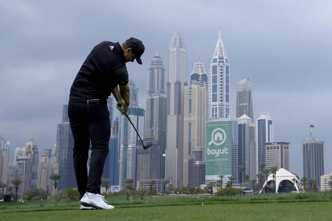 Ludvig Aberg of Sweden tees off on the 8th hole during his first round on Day Two of the Dubai Dese...