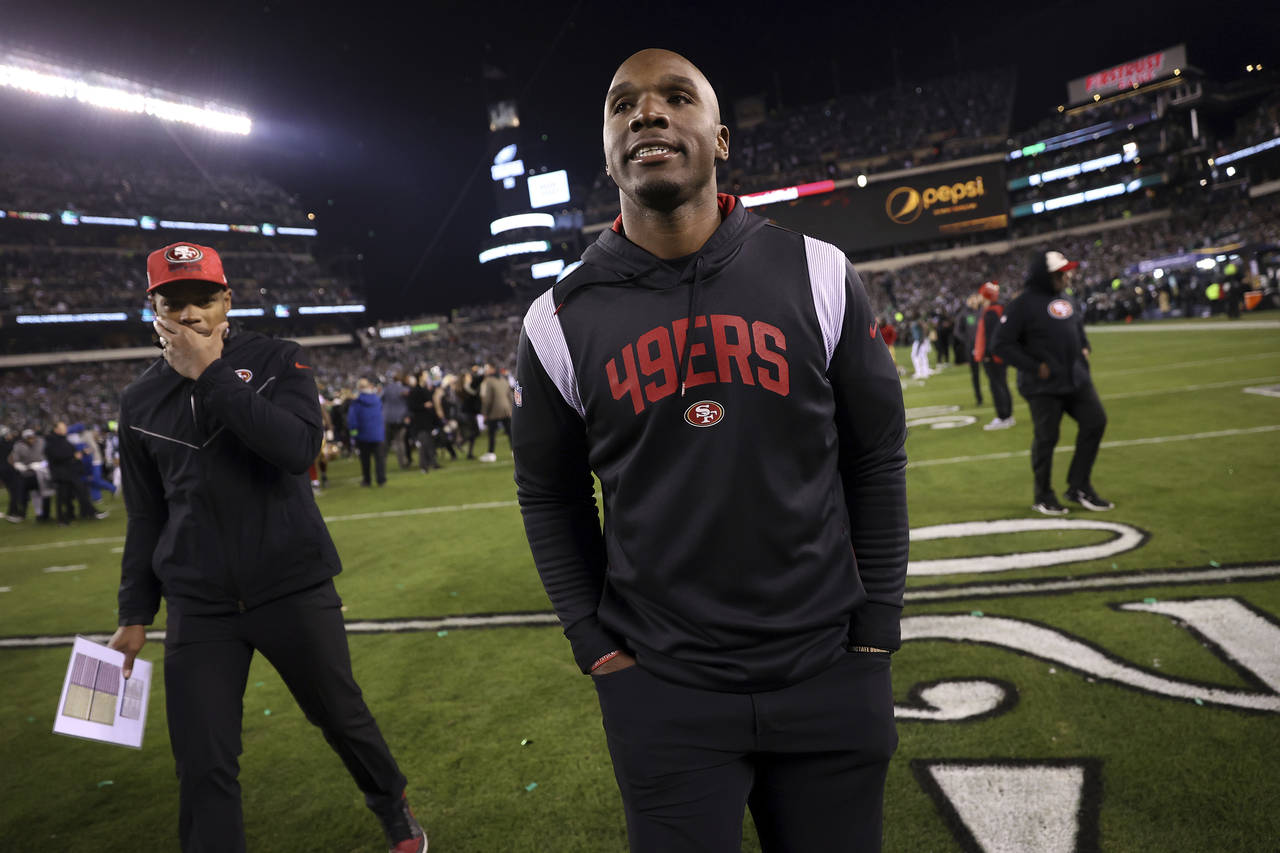 San Francisco 49ers' defensive coordinator DeMeco Ryans walks off the field after Philadelphia Eagl...