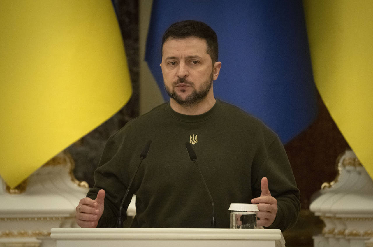Ukrainian President Volodymyr Zelenskyy, attend a news conference with European Council President C...