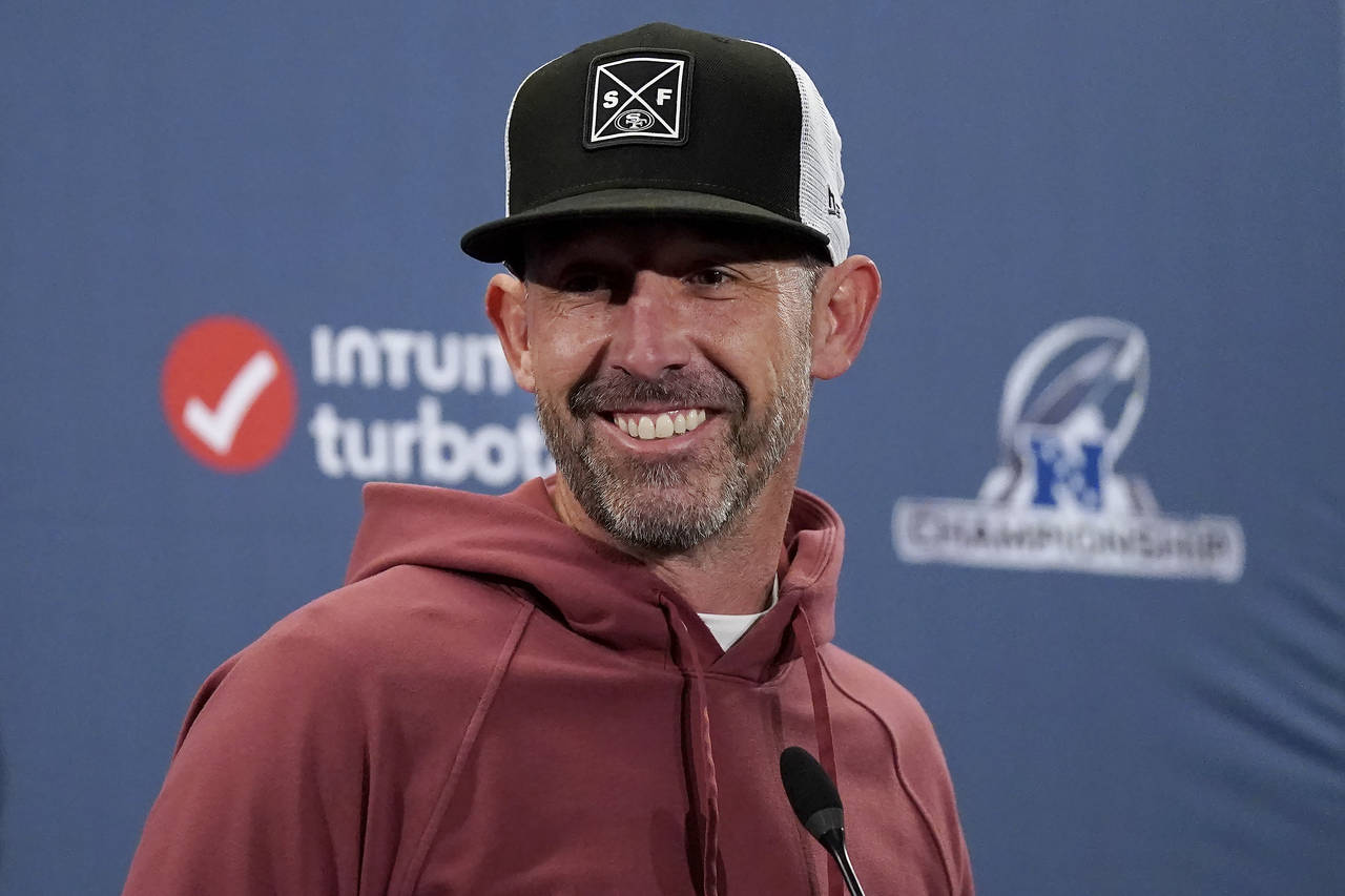 San Francisco 49ers head coach Kyle Shanahan speaks at a news conference before an NFL football pra...