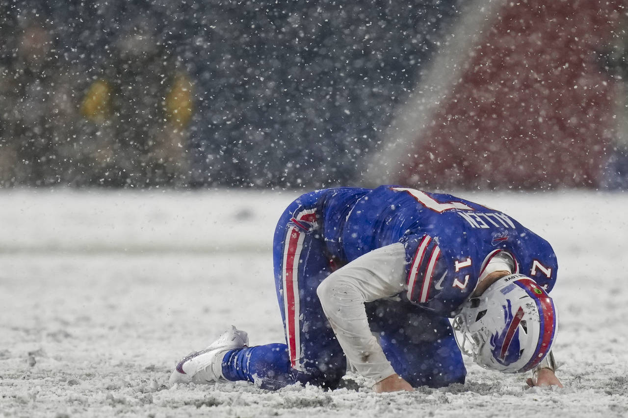 Buffalo Bills quarterback Josh Allen (17) reacts after being sacked by the Cincinnati Bengals durin...