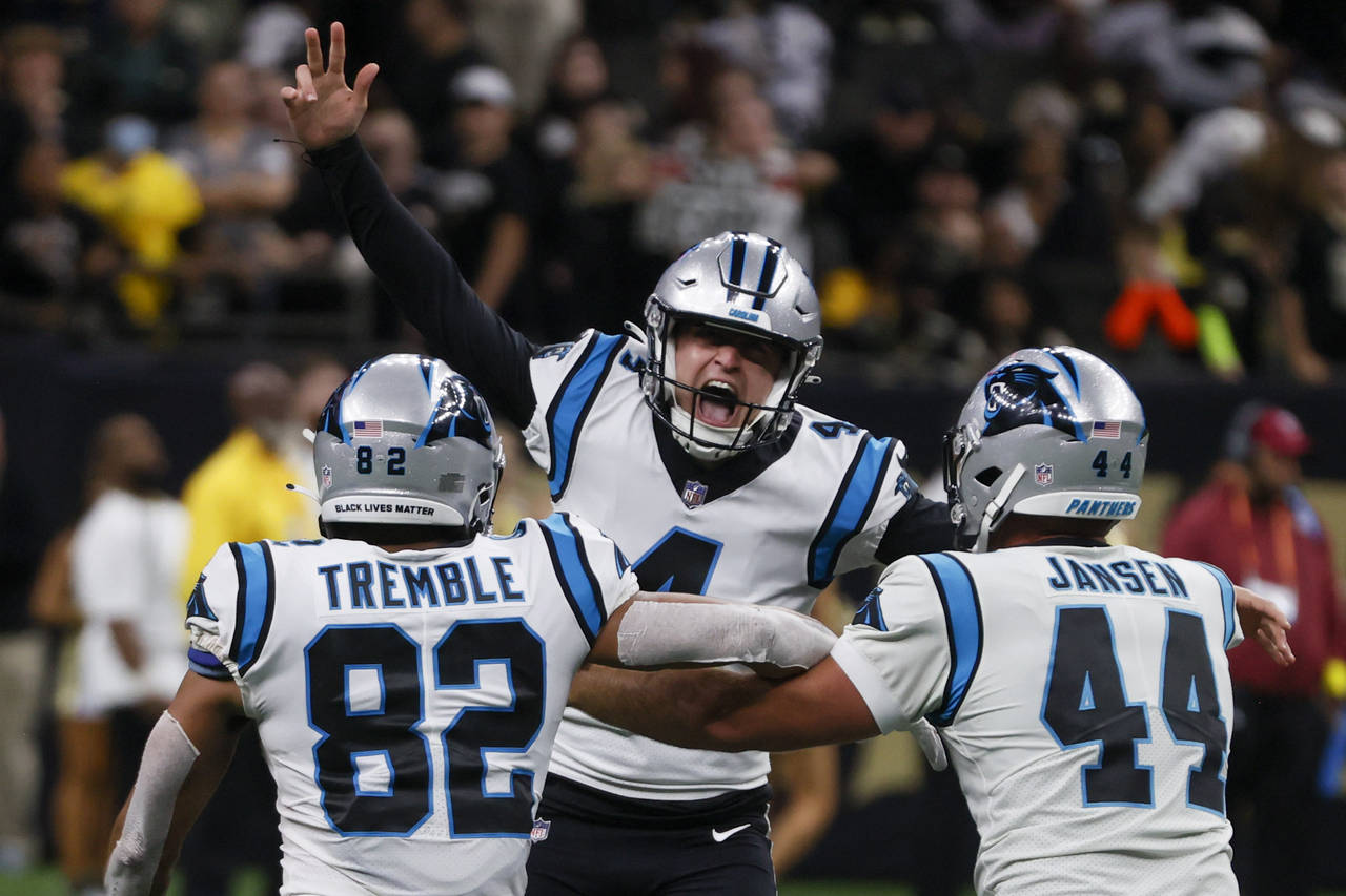 Carolina Panthers place kicker Eddy Pineiro (4) celebrates after kicking the winning field goal dur...