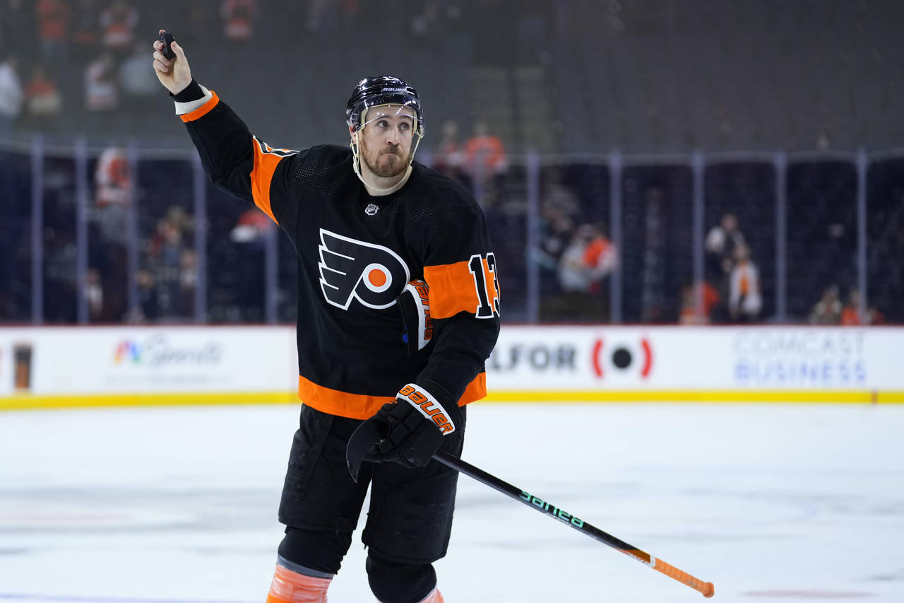 Philadelphia Flyers' Kevin Hayes reacts after an NHL hockey game against the Anaheim Ducks, Tuesday...