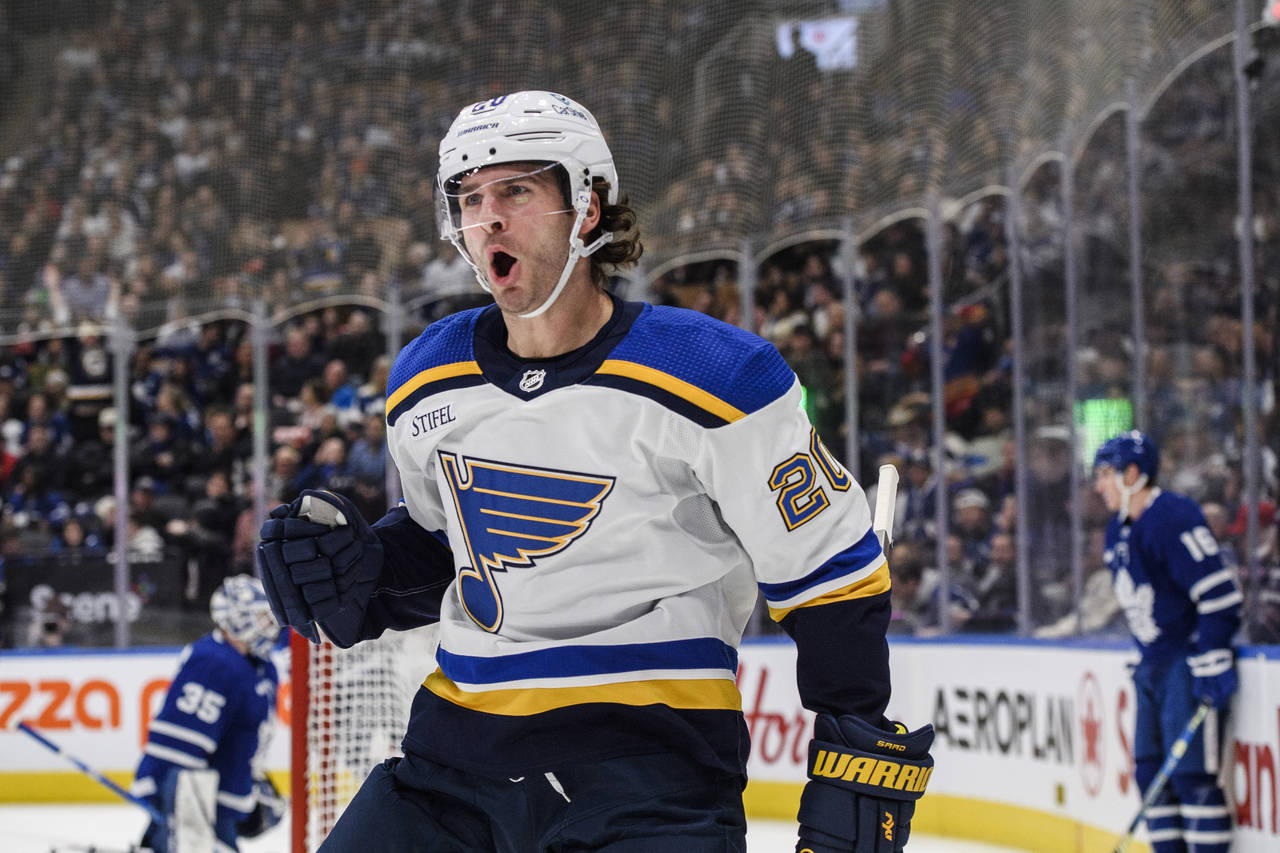 St. Louis Blues left wing Brandon Saad (20) celebrates after scoring against the Toronto Maple Leaf...