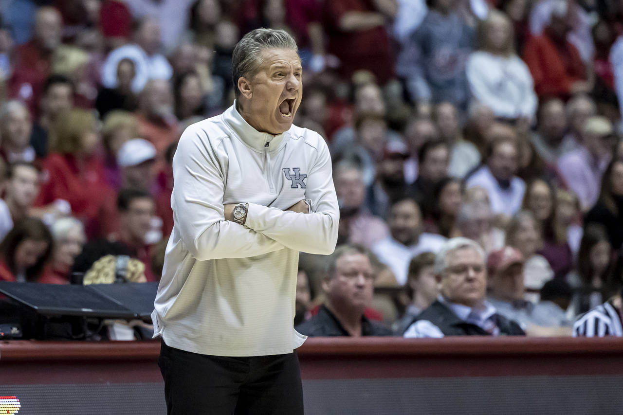 Kentucky head coach John Calipari reacts during the second half of an NCAA college basketball game ...