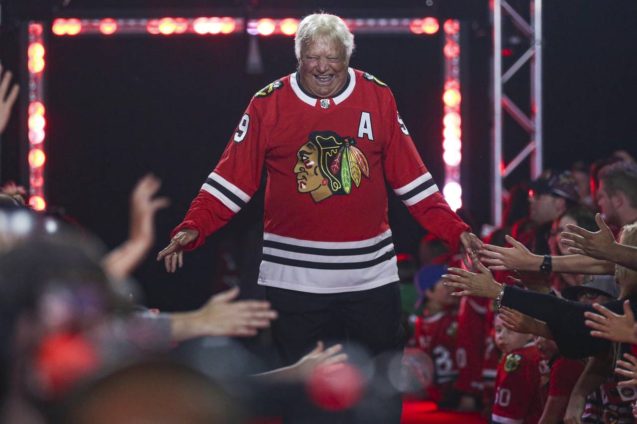 FILE - Former Chicago Blackhawks player Bobby Hull is introduced to fans during the NHL hockey team...
