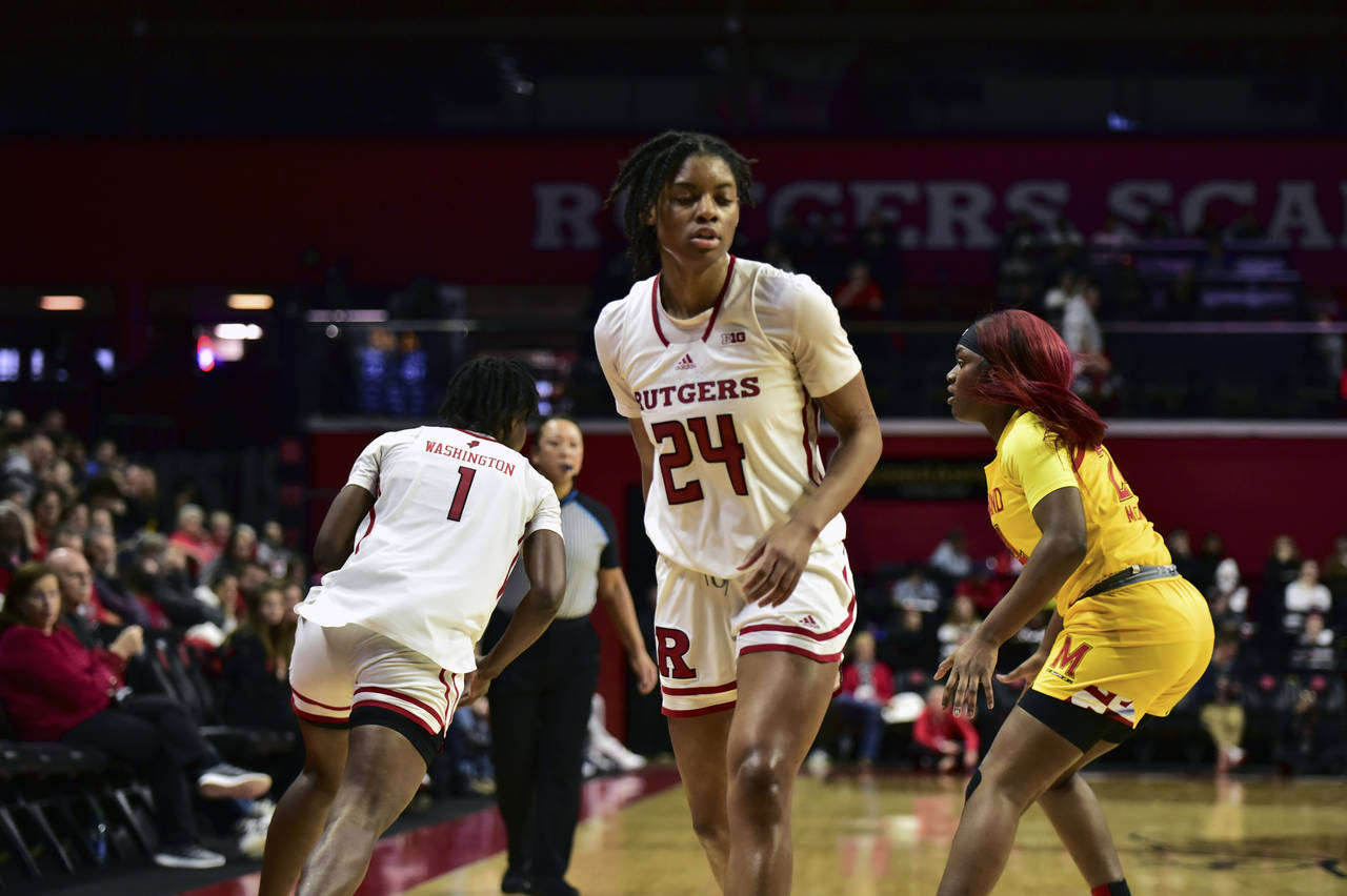 In this photo provided by Rutgers, Rutgers' Awa Sidibe (1) is seen on the court during an NCAA coll...