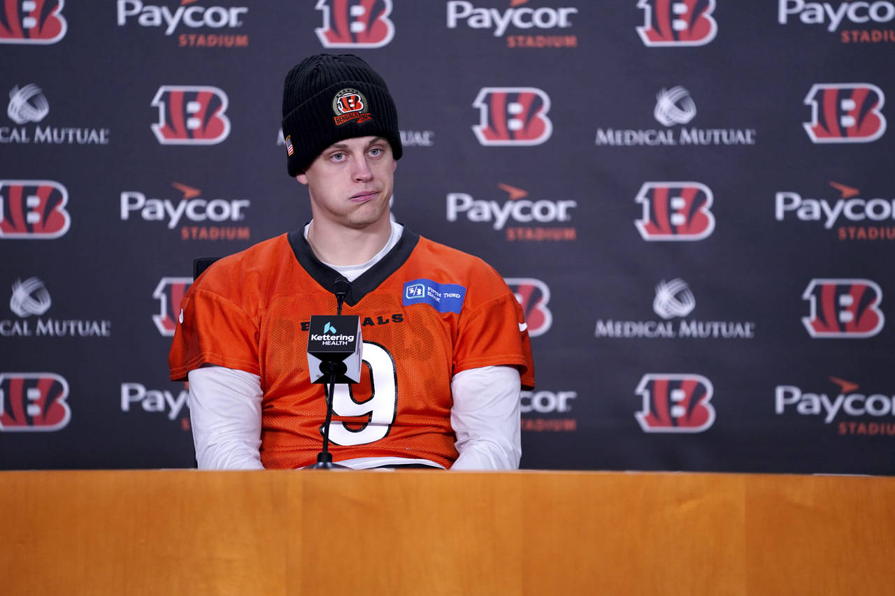 Cincinnati Bengals quarterback Joe Burrow speaks with the media, Wednesday, Jan. 4, 2023, in Cincin...