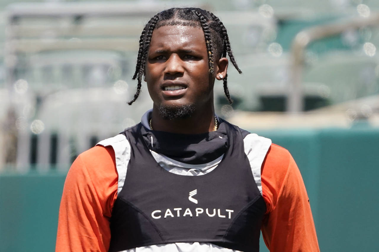 FILE - Cincinnati Bengals wide receiver Tee Higgins takes part in drills at Paul Brown Stadium, Tue...