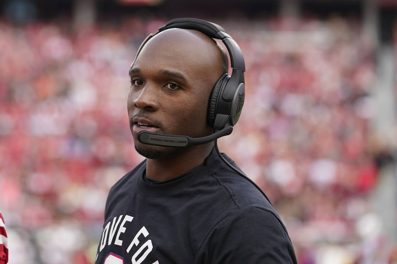 San Francisco 49ers defensive coordinator DeMeco Ryans before an NFL football game against the Ariz...