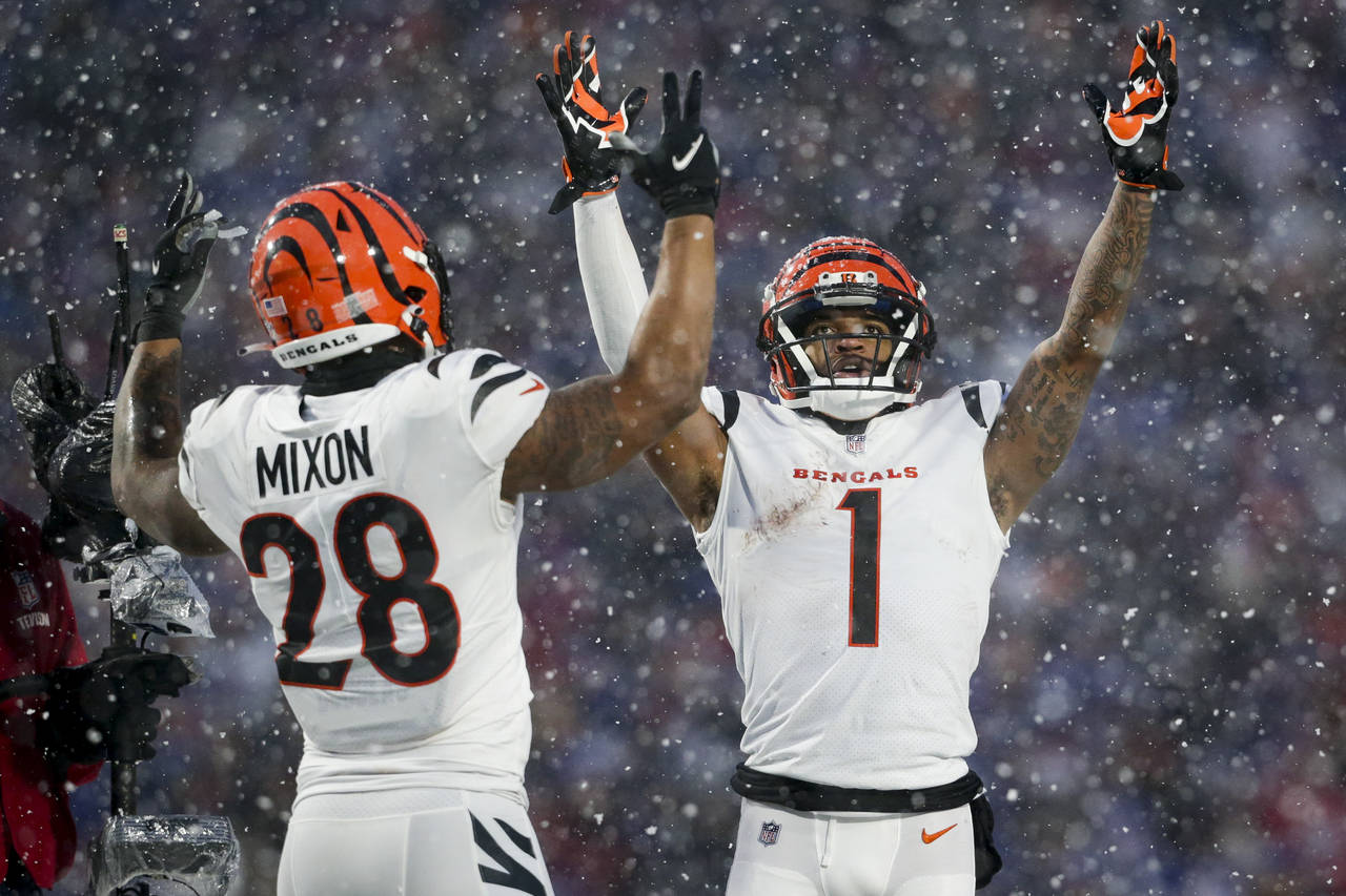 Cincinnati Bengals wide receiver Ja'Marr Chase (1) and Cincinnati Bengals running back Joe Mixon (2...