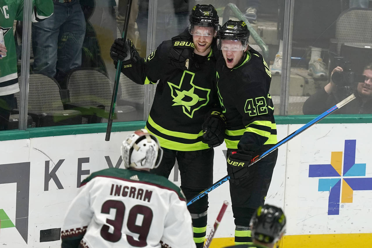 Dallas Stars center Radek Faksa (12) celebrates after his goal with teammate left wing Fredrik Olof...