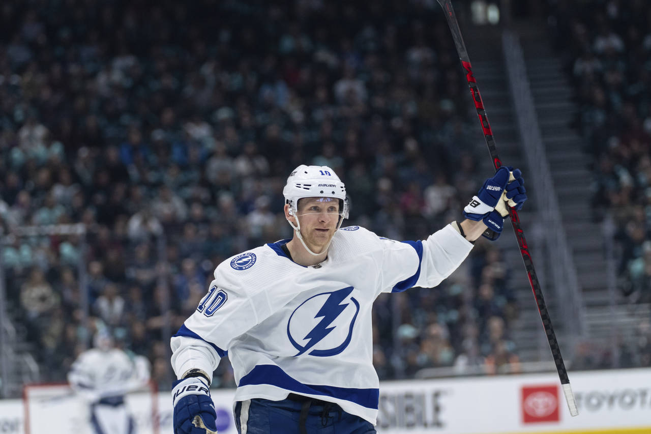 Tampa Bay Lightning forward Corey Perry celebrates after scoring a goal during the first period of ...
